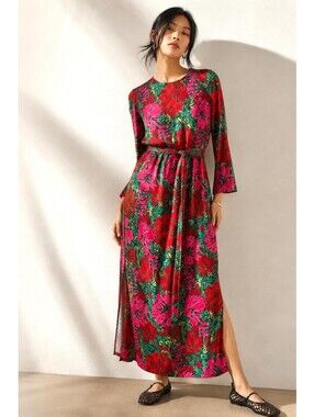 Vineyard Vines Silk Blend Floral Maxi Dress Pink Red Green Long Sleeve
